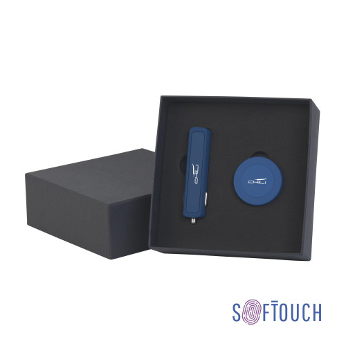 Набор автомобильное зарядное устройство "Slam" + магнитный держатель для телефона "Allo" в футляре, покрытие soft touch, цвет темно-синий
